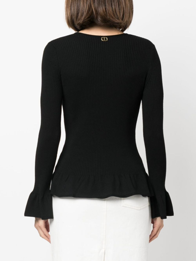 Shop Twinset Ruffled-trim Ribbed-knit Top In Black