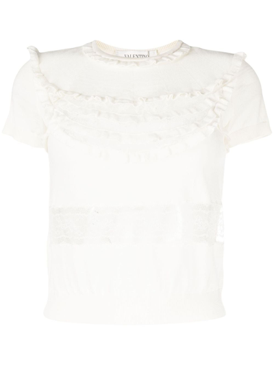 Pre-owned Valentino 2000 Lace-detail Wool Knitted Top In White