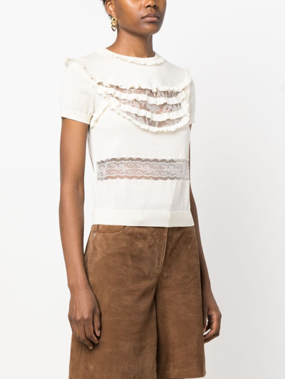 Pre-owned Valentino 2000 Lace-detail Wool Knitted Top In White