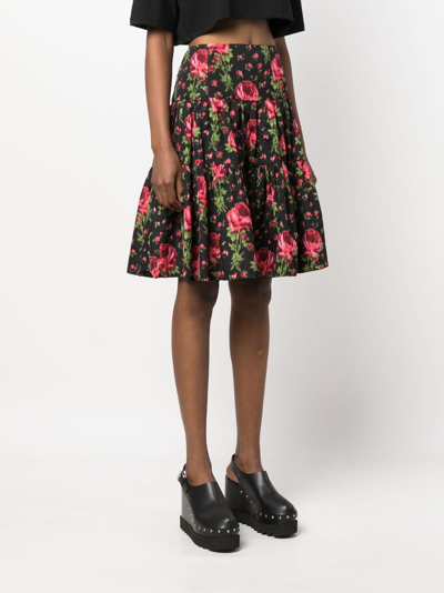 Pre-owned Valentino 1990 Floral-print Tiered Skirt In Black