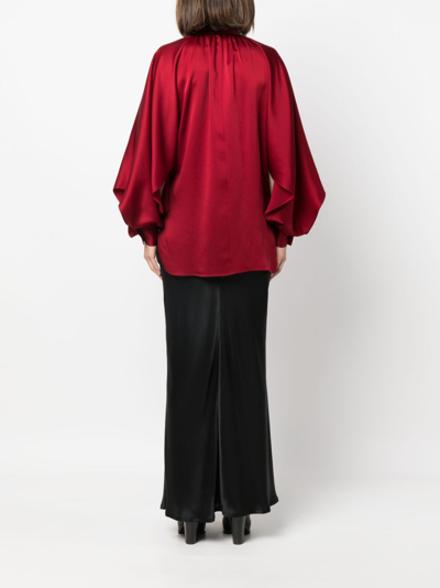 Shop Del Core Satin-finish Puff-sleeve Blouse In Red