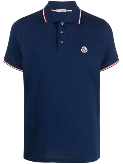 Shop Moncler Logo-patch Cotton-piqué Polo Shirt In Blue
