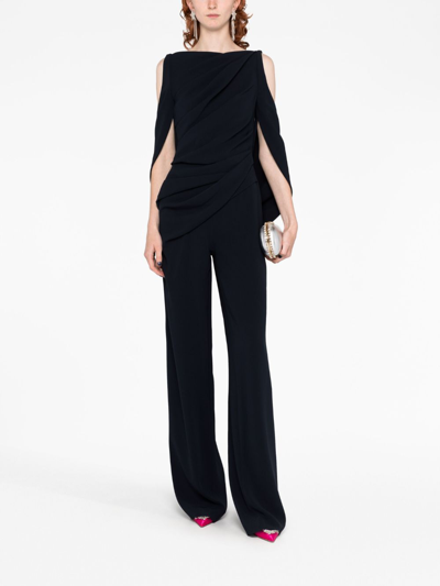 Talbot Runhof Cold-shoulder Lace-panel Jumpsuit In Blue