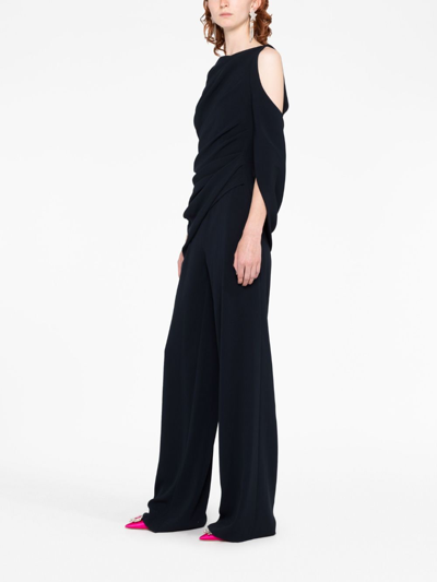 Talbot Runhof Cold-shoulder Lace-panel Jumpsuit In Blue
