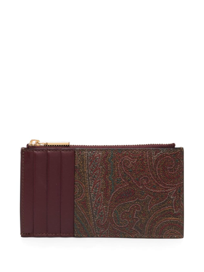 Shop Etro Logo-embroidered Jacquard Leather Wallet In Red
