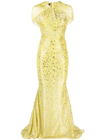 Shop Talbot Runhof Gathered-detail Graphic-print Dress In Yellow