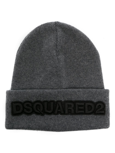 Shop Dsquared2 Embroidered-logo Knitted Beanie In Grey