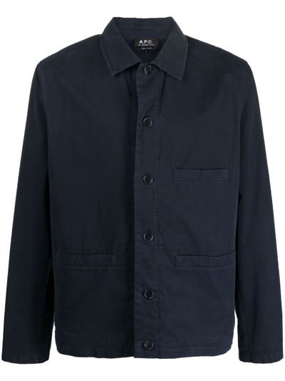 Shop Apc Single-breasted Cotton Shirt Jacket In Blue
