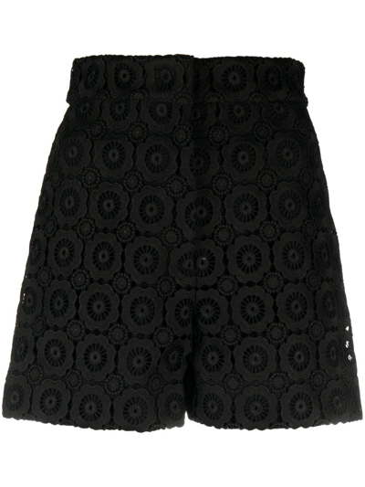 Shop Moschino Floral-appliqué High-waist Mini Shorts In Black