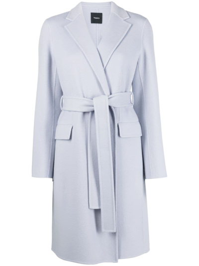 Shop Theory Belted Single-breasted Coat In Blue