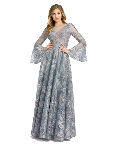 Shop Mac Duggal Embellished Illusion Bell Sleeve A Line Gown In Grey Multi