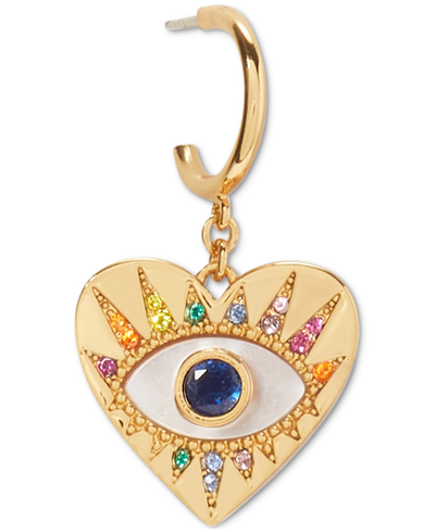 Shop Kate Spade Gold-tone Multicolor Cubic Zirconia Evil Eye Heart Charm Huggie Hoop Earrings In Cream Multi
