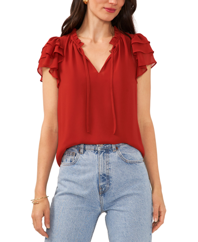 Shop 1.state Women's Flutter Sleeve V-neck Top With Tie In Mahogany Red