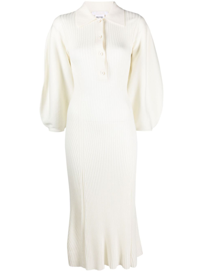 Shop Chloé White Ribbed-knit Polo Wool Midi Dress