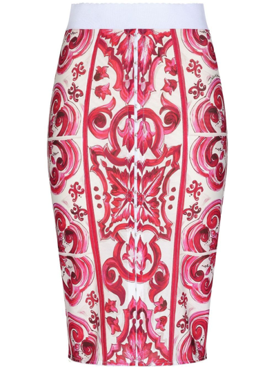 Shop Dolce & Gabbana White Majolica Print Pencil Skirt In Red