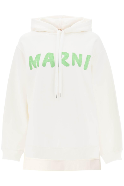 Shop Marni Hoodie With Maxi Logo Print And Side Slits In White