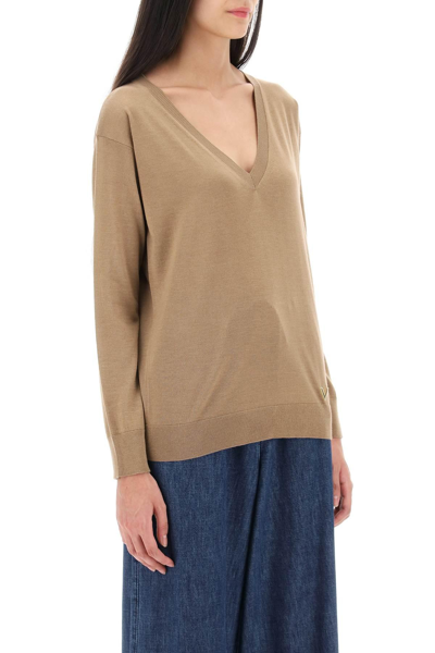 Shop Valentino Sweater In Cashmere And Silk With 'v Gold' Detail In Beige