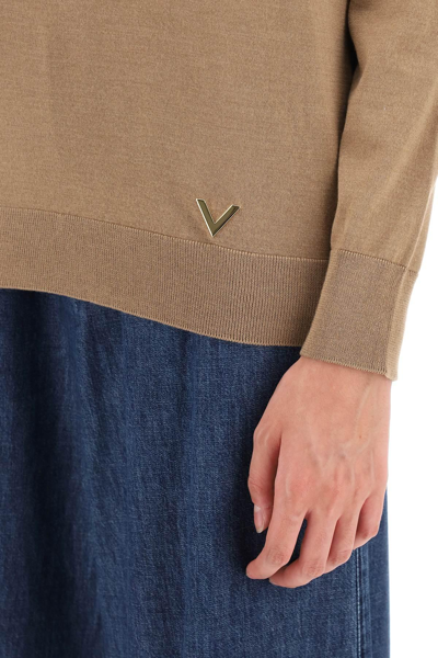Shop Valentino Sweater In Cashmere And Silk With 'v Gold' Detail In Beige