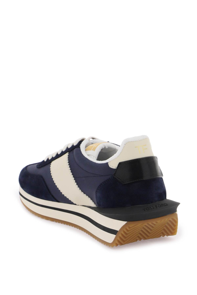 Shop Tom Ford Techno Canvas And Suede James Sneakers In Midnight Blue Beige Cream (blue)