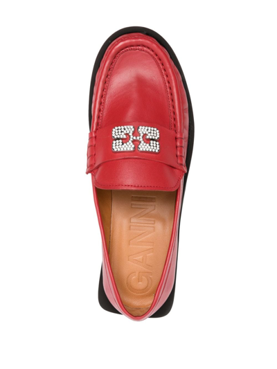 Shop Ganni Logo-plaque Leather Loafer In Rot