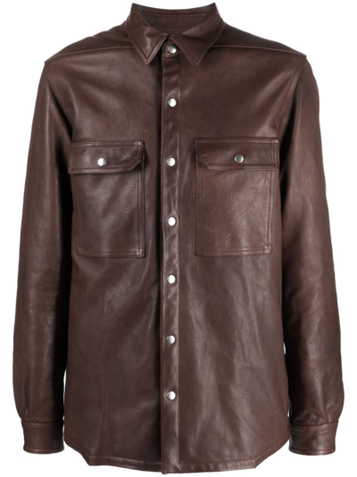 Shop Rick Owens Luxor Leather Shirt Jacket In Brown