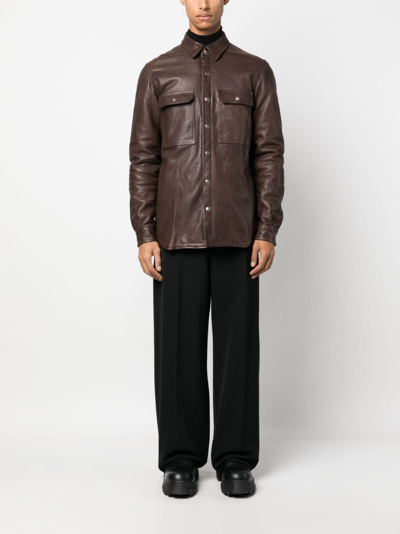 Shop Rick Owens Luxor Leather Shirt Jacket In Brown