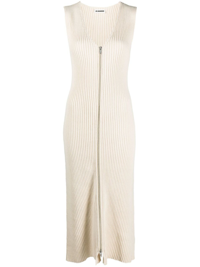 Shop Jil Sander V-neck Ribbed-knit Midi Dress In Nude
