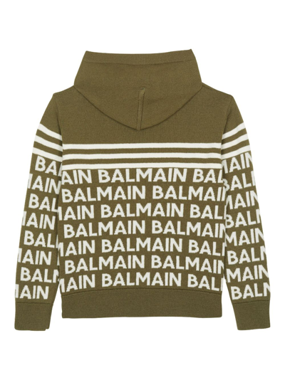 Balmain Gestrickter Hoodie Mit Logo In Green