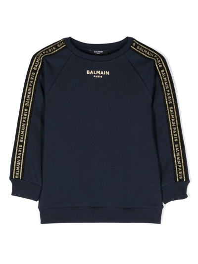 Shop Balmain Glitter Logo-print Cotton Sweatshirt In Blue