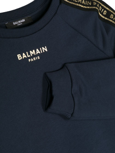 Shop Balmain Glitter Logo-print Cotton Sweatshirt In Blue