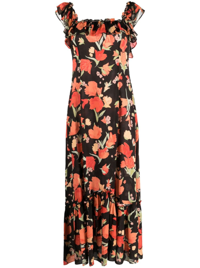 Shop Rixo London Floral-print Ruffled Dress In Schwarz