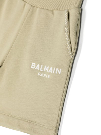 Shop Balmain Logo-embroidered Cotton Shorts In Green