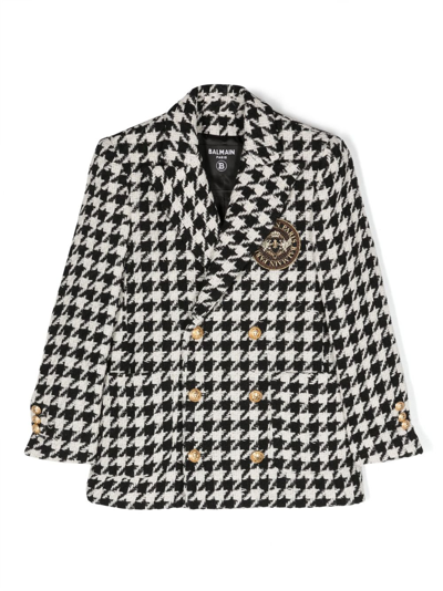 Shop Balmain Houndstooth-pattern Double-breasted Blazer In Black