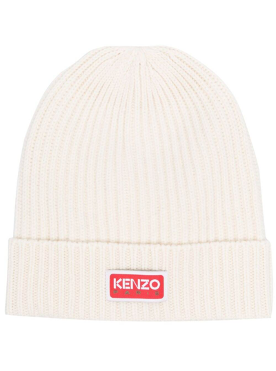 Shop Kenzo White Beanie With Patch Logo At The Front In Wool Blend Man