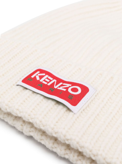 Shop Kenzo White Beanie With Patch Logo At The Front In Wool Blend Man