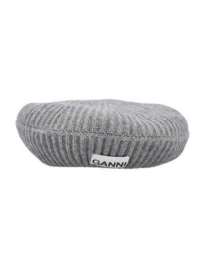 Shop Ganni Wool Beret In Melange Grey