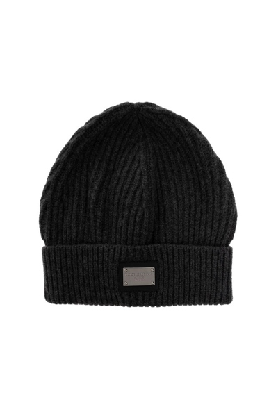 Shop Dolce & Gabbana Branded Tag Knitted Beanie In Grey