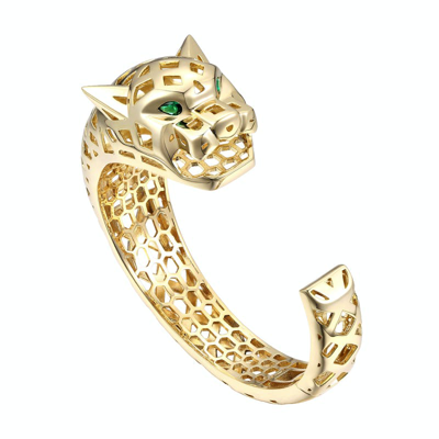 Shop Rachel Glauber 14k Gold Plated With Emerald Cubic Zirconia Jaguar Open Cuff Bangle Bracelet In Green