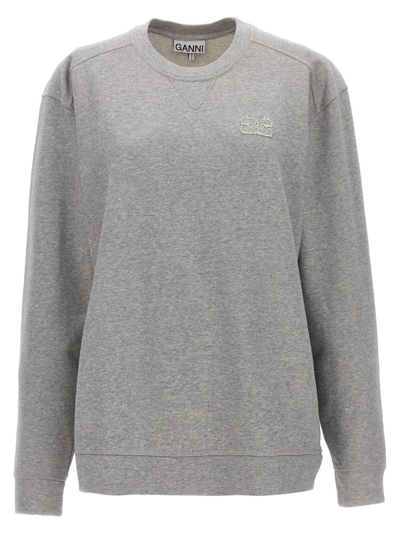 Shop Ganni Logo Embroidered Crewneck Sweatshirt In Grey