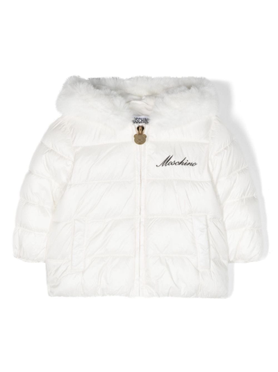Shop Moschino Logo-embroidered Cotton Padded Jacket In White