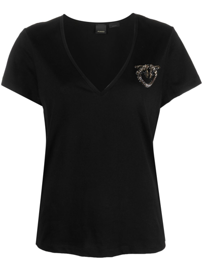 Shop Pinko Logo-embellished Cotton T-shirt In Black