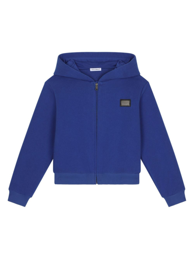 Shop Dolce & Gabbana Logo-plaque Zip-up Cotton Hoodie In Blue