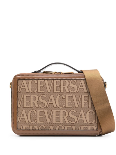 Shop Versace Crossbody Fabric Calf Leather