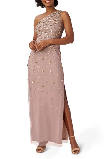 Shop Adrianna Papell 3d Beaded & Sequin One-shoulder Gown In Stone