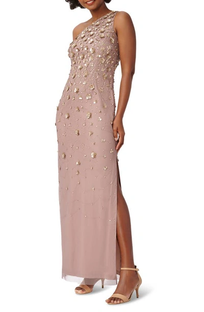 Shop Adrianna Papell 3d Beaded & Sequin One-shoulder Gown In Stone