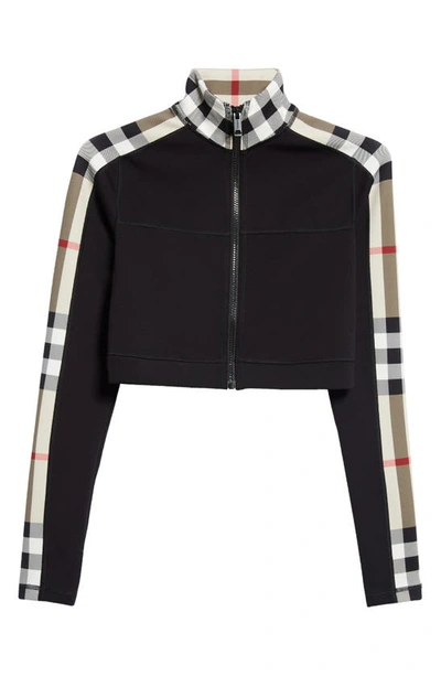 Shop Burberry Cynthia Crop Check Panel Front Zip Top In Black