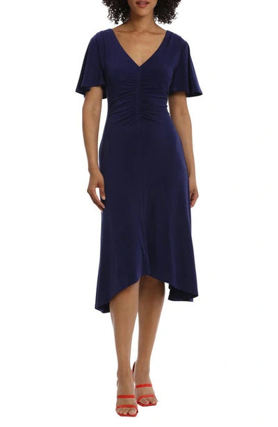 Shop Maggy London Ruched Flutter Sleeve Midi Dress In Midnight