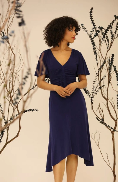 Maggy London Ruched Flutter Sleeve Midi Dress In Midnight