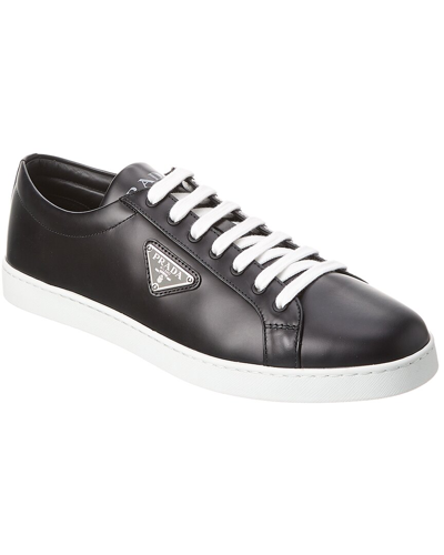 Shop Prada Logo Leather Sneaker In Black