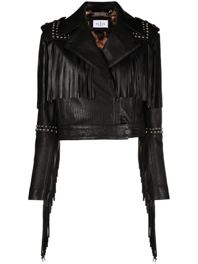 Shop Philipp Plein Fringed Cropped Leather Jacket In Black